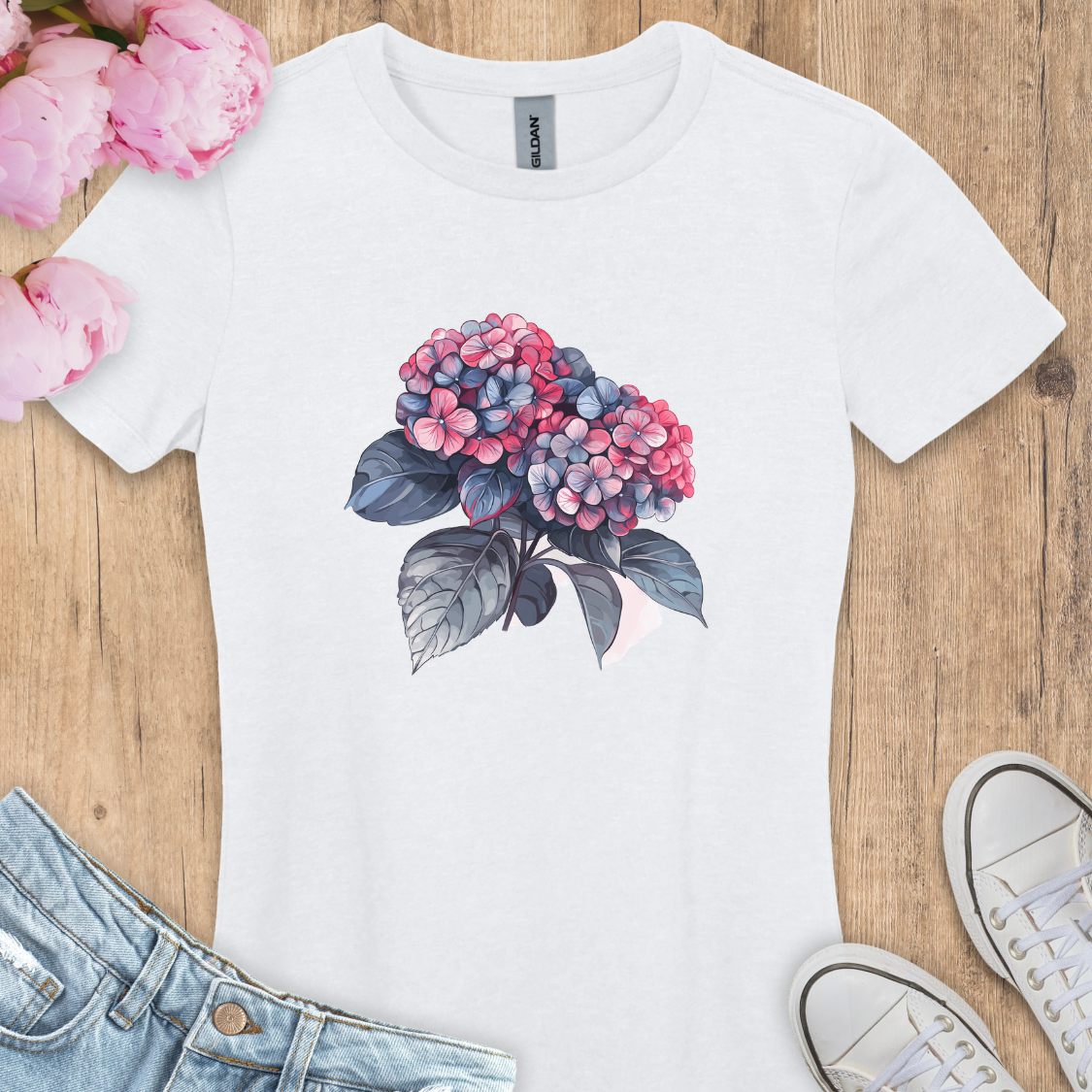 T-shirt Hortensia rose et bleue